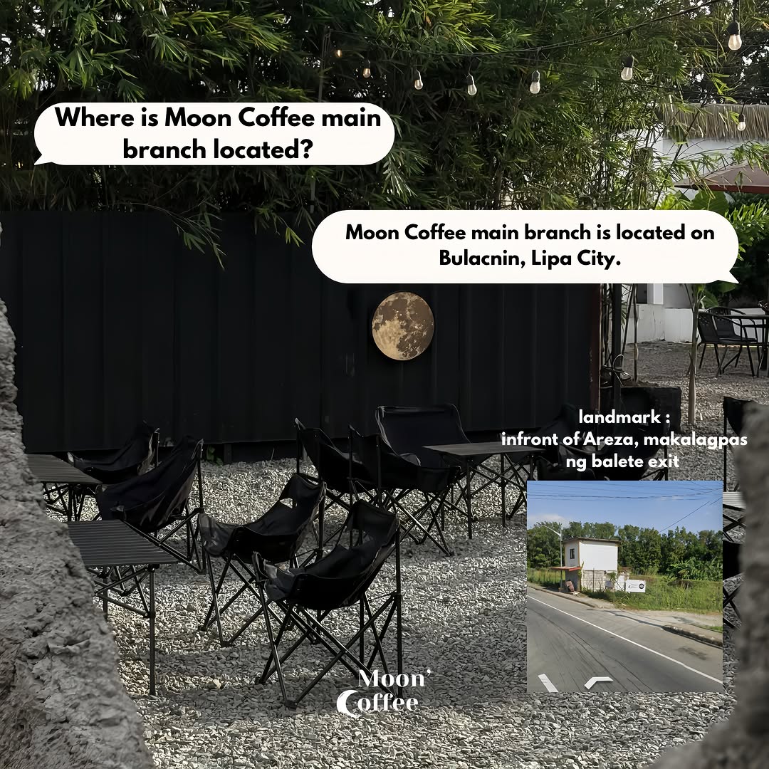 Moon Coffee outdoor seating — low camping chairs, bamboo groves, and warm string lights in the evening