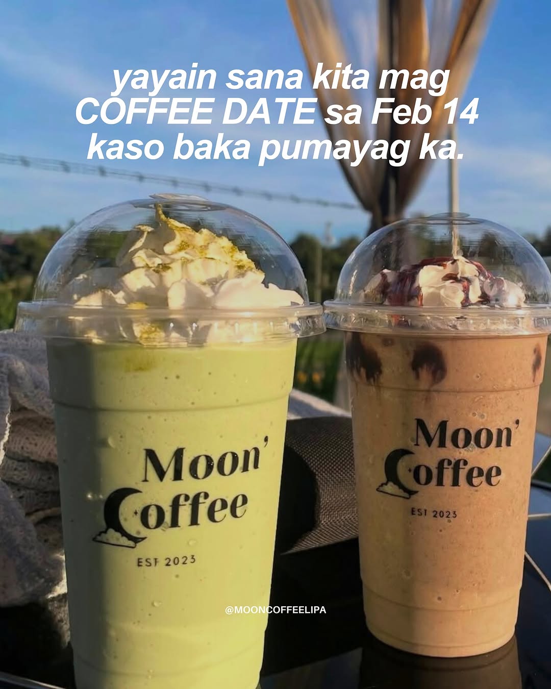 Matcha and iced coffee drinks in Moon Coffee cups